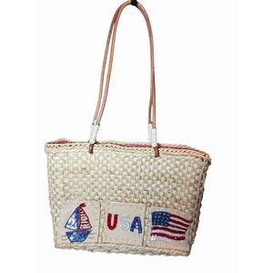 Patriotic Straw Tote‎ USA Flag Sequin Sailboat Beach Bag Red White Blue Summer